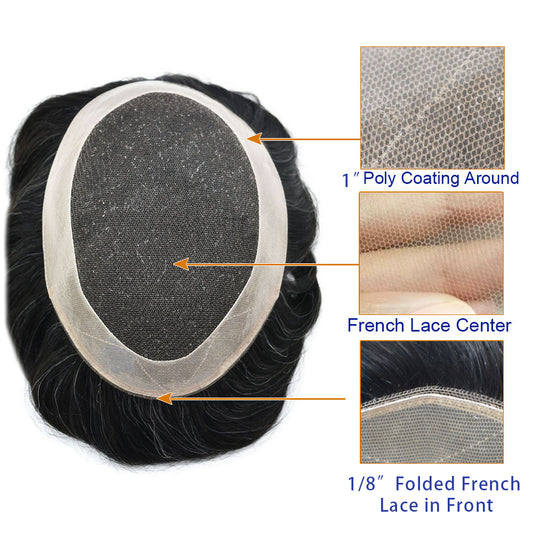 Toupeeunion French Lace Hair Replacement System PU Coating Men's Toupee Natural Hairline Men Hair Piece
