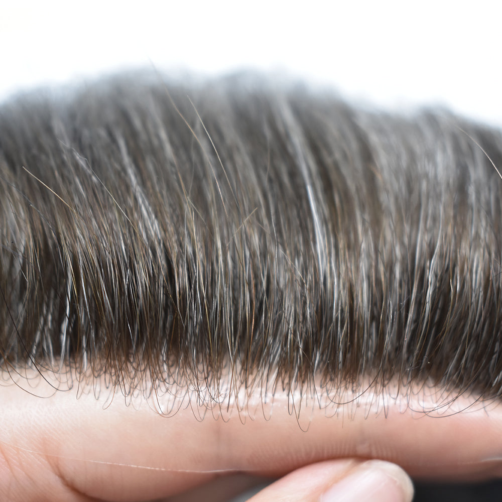 Toupeeunion 0.06mm Ultra Thin Skin Toupee For Men Remy Human Hair Replacement System V-Looped Hair Piece For Men Natural Hairline Mens Hairpiece