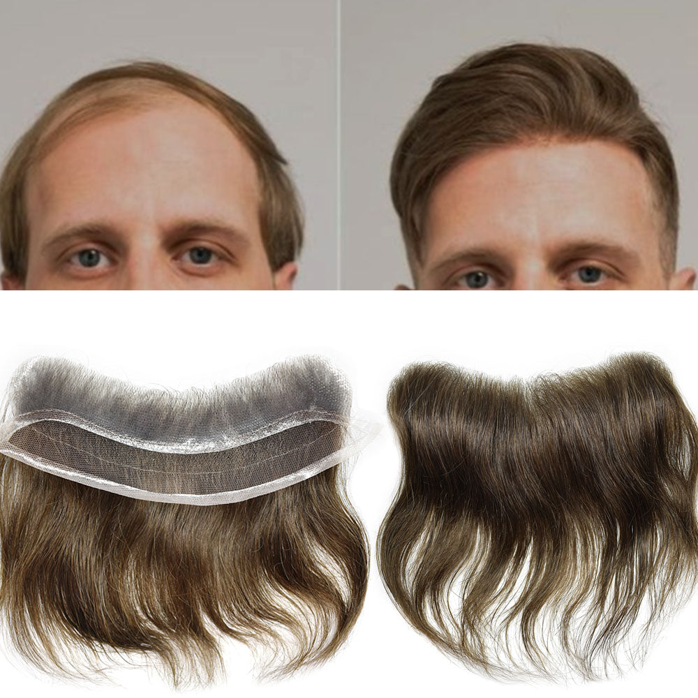 Toupeeunion Mens Frontal Hair Piece For Forehead Remy Human Hair Patch Hairline Hair Extension V-Shape Mens Topper Hair System