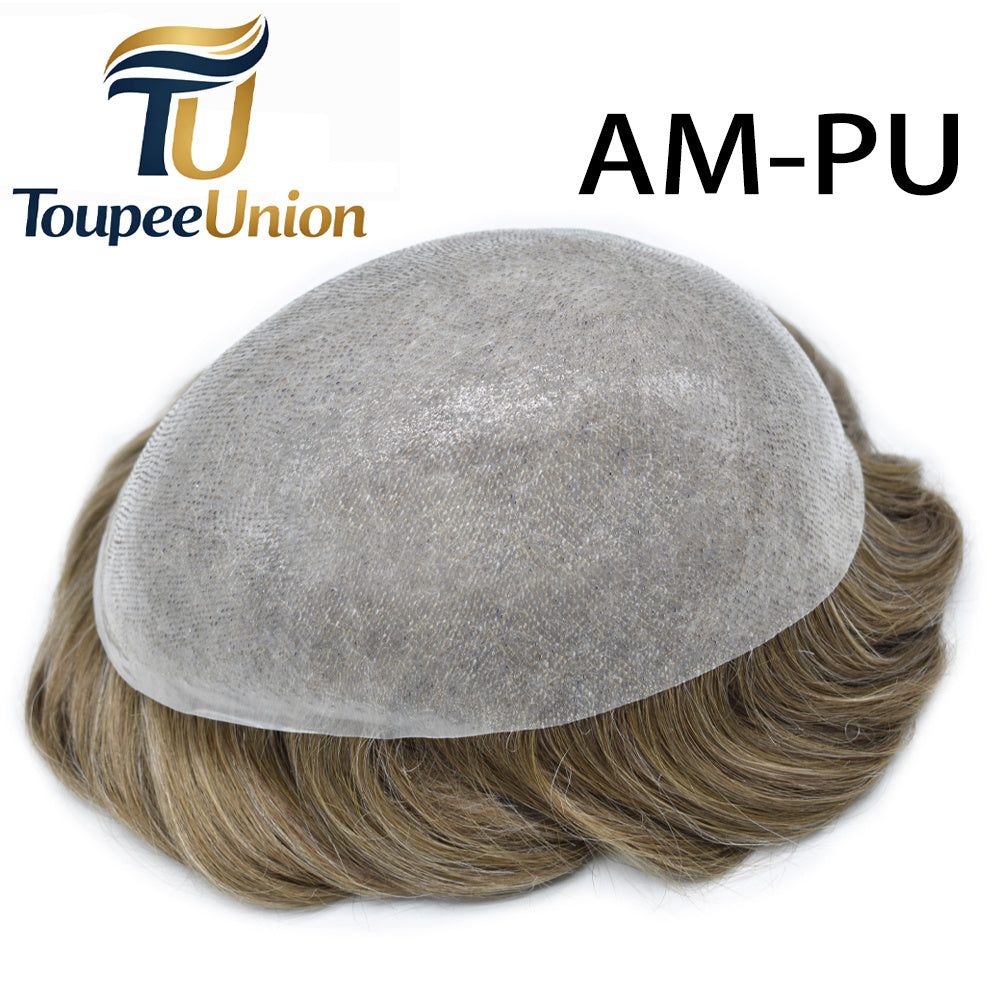 Toupeeunion 0.08mm Ultra Thin Skin Toupee Remy Human Hair Replacement System V-Looped Front Hair Piece For Men Natural Hairline Mens Hairpiece