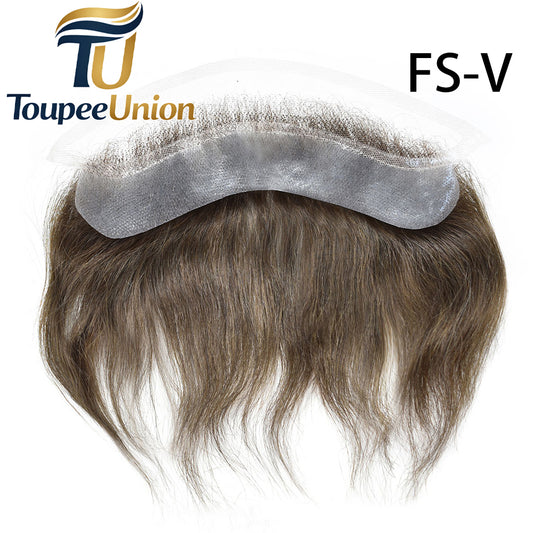 Toupeeunion Mens Frontal Hair Piece For Forehead Remy Human Hair Patch Hairline Hair Extension V-Shape Mens Topper Hair System