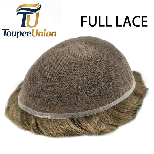 Toupeeunion Breathable Full French Lace Toupee For Men Hair System Bleached Knots Natural Hairline Mens Hair Piece