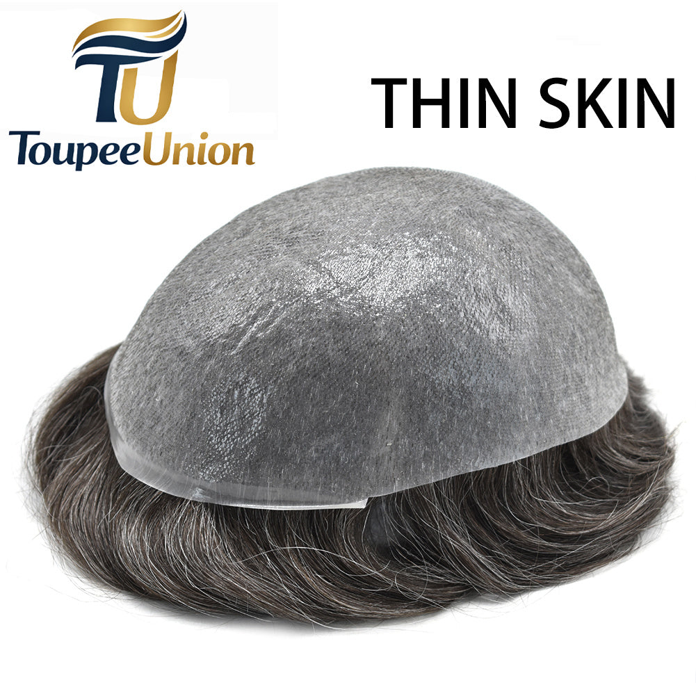 Toupeeunion 0.06mm Ultra Thin Skin Toupee For Men Remy Human Hair Replacement System V-Looped Hair Piece For Men Natural Hairline Mens Hairpiece