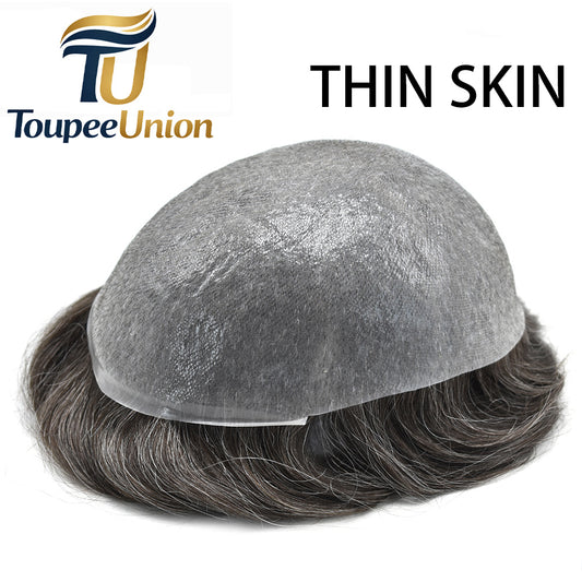 Toupeeunion 0.06mm Ultra Thin Skin Toupee For Men Remy Human Hair Replacement System V-Looped Hair Piece For Men Natural Hairline Mens Hairpiece