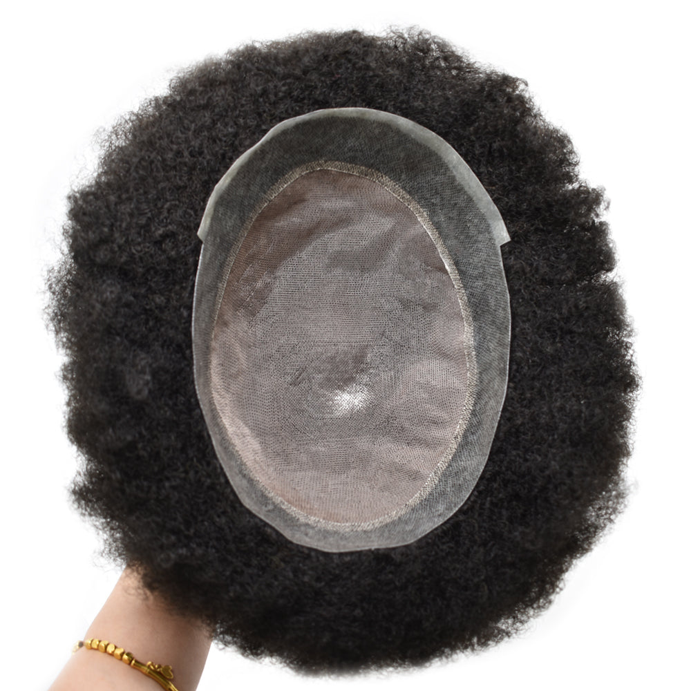 Toupeeunion Breathable Afro Toupee For Men Real Human Hair Afro Hair Unit Durable Mens Hairpiece