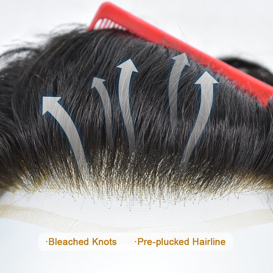 Toupeeunion Remy Human Hair Replacement System For Men Breathable French Lace Toupee Bleached Knot Mens Hairpiece For Hair Loss