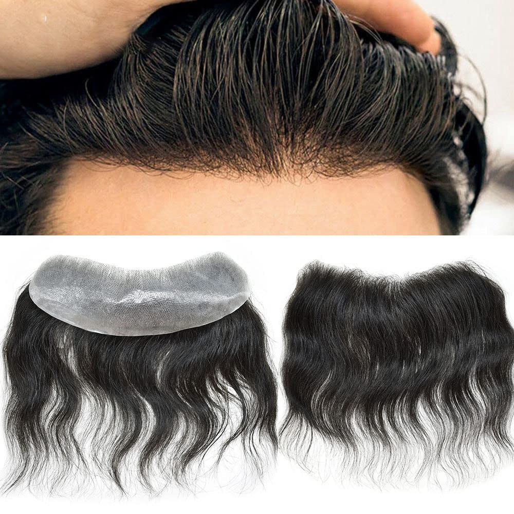 Toupeeunion Mens Frontal Hairpiece Remy Human Hair Patch Hairline Hair Extension V-Shape PU Mens Topper Hair Replacement