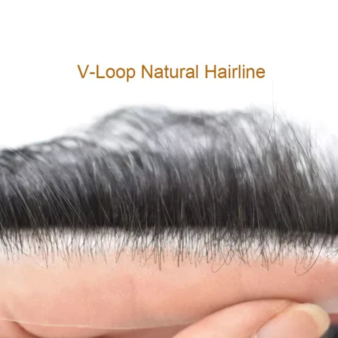 Toupeeunion Mens Frontal Hairpiece Remy Human Hair Patch Hairline Hair Extension V-Shape PU Mens Topper Hair Replacement