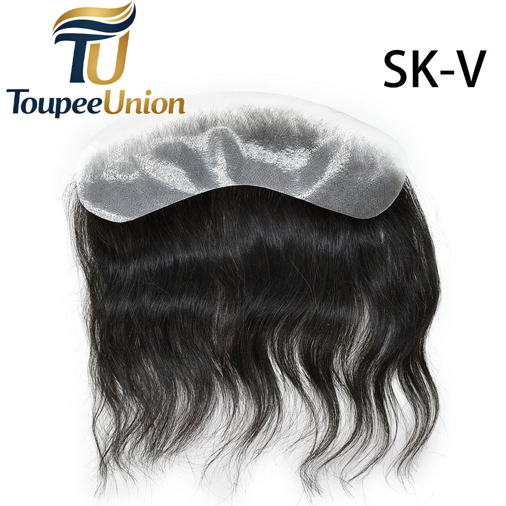Toupeeunion Mens Frontal Hairpiece Remy Human Hair Patch Hairline Hair Extension V-Shape PU Mens Topper Hair Replacement