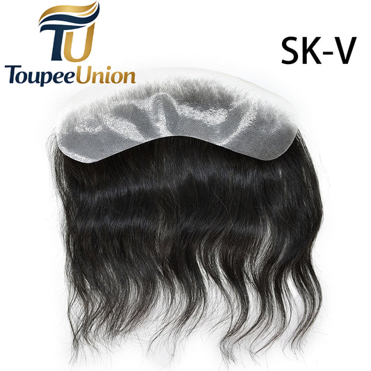 Toupeeunion Mens Frontal Hairpiece Remy Human Hair Patch Hairline Hair Extension V-Shape PU Mens Topper Hair Replacement