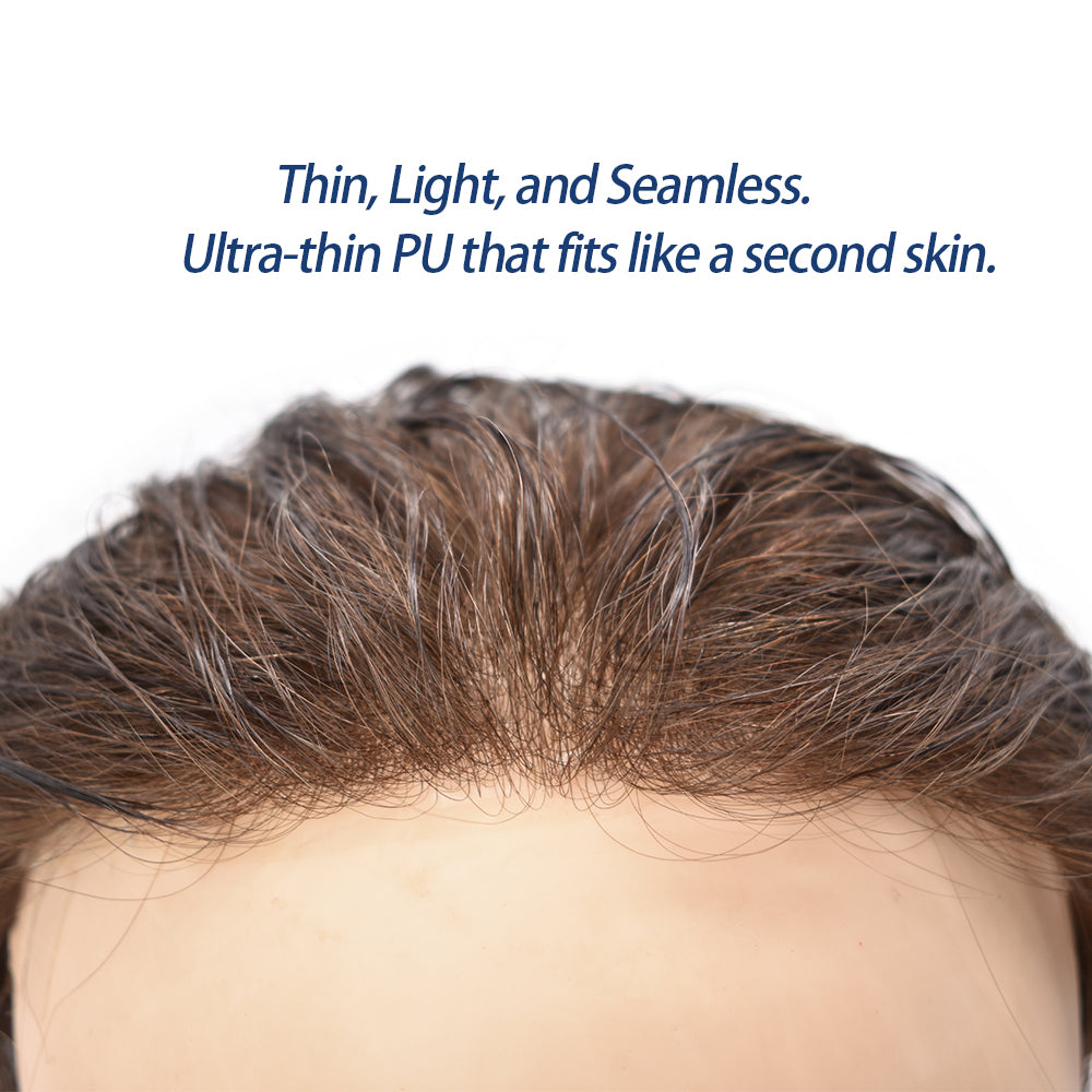 Toupeeunion 0.06mm Ultra Thin Skin Toupee For Men Remy Human Hair Replacement System V-Looped Hair Piece For Men Natural Hairline Mens Hairpiece