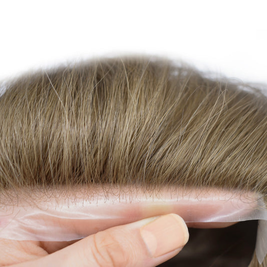 Toupeeunion 0.08mm Ultra Thin Skin Toupee Remy Human Hair Replacement System V-Looped Front Hair Piece For Men Natural Hairline Mens Hairpiece